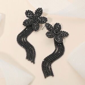 Rhinestone Paved Flower Fringe Evening Statement Earrings